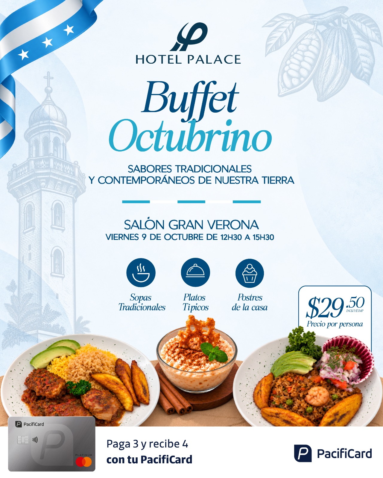Buffet Octubrino en Hotel Palace. Paga 3  con PacifiCard y recibe el cuarto gratis
