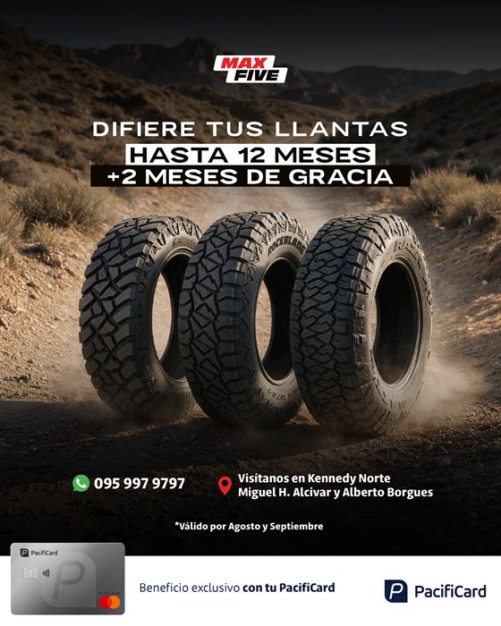 Difiere tus llantas hasta 12 meses sin intereses con PacifiCard en Max Five.